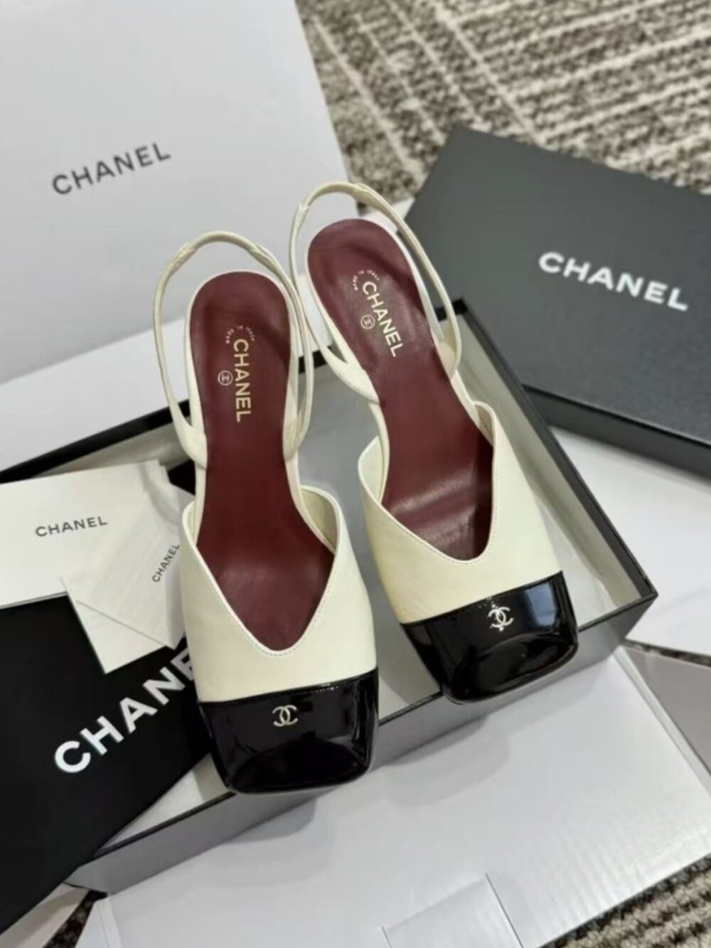 CHANEL Bicolor Leather Slingbacks Classic Cap Toe Shoes